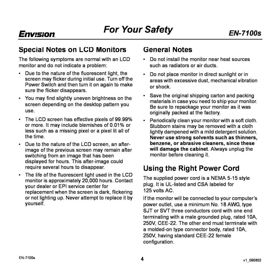 Envision Peripherals EN-7100S Special Notes on LCD Monitors, General Notes, Using the Right Power Cord, For Your Safety 