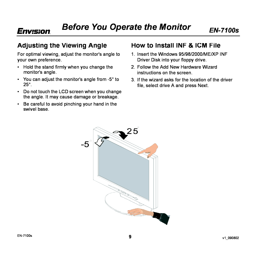 Envision Peripherals EN-7100S Adjusting the Viewing Angle, How to Install INF & ICM File, Before You Operate the Monitor 