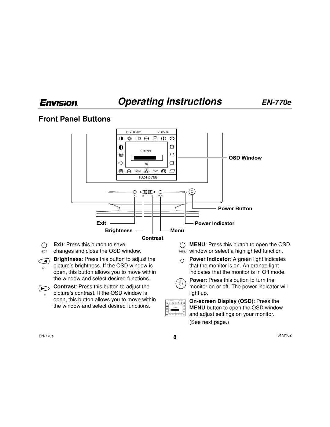 Envision Peripherals EN-770e user manual Operating Instructions, Front Panel Buttons 