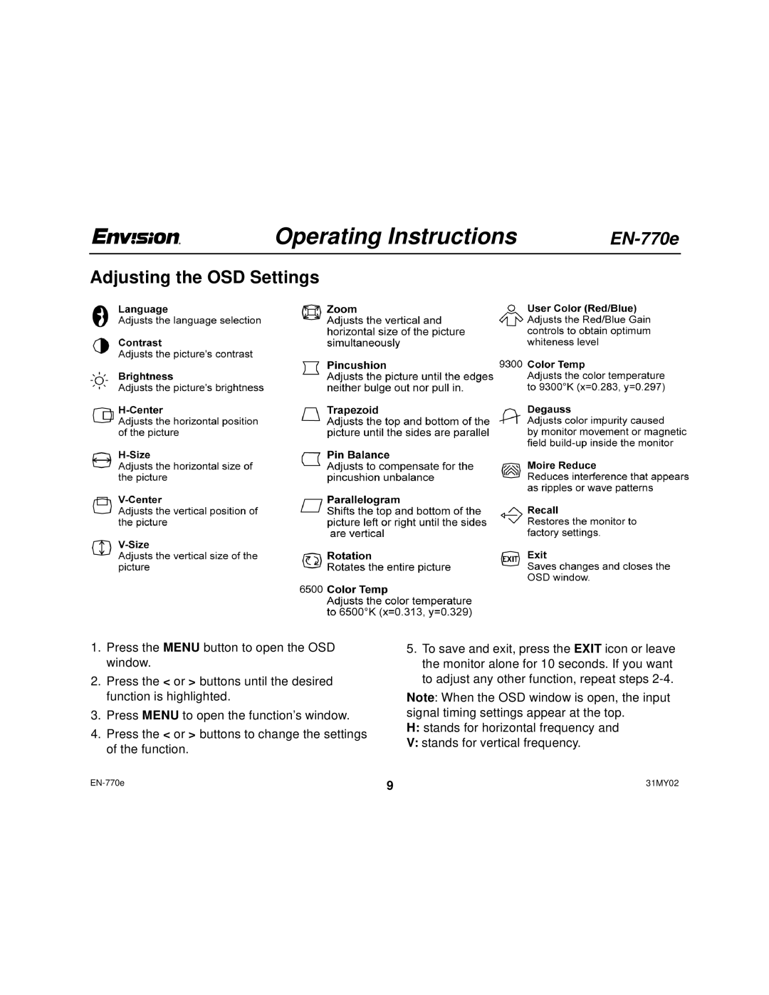 Envision Peripherals EN-770e user manual Adjusting the OSD Settings 