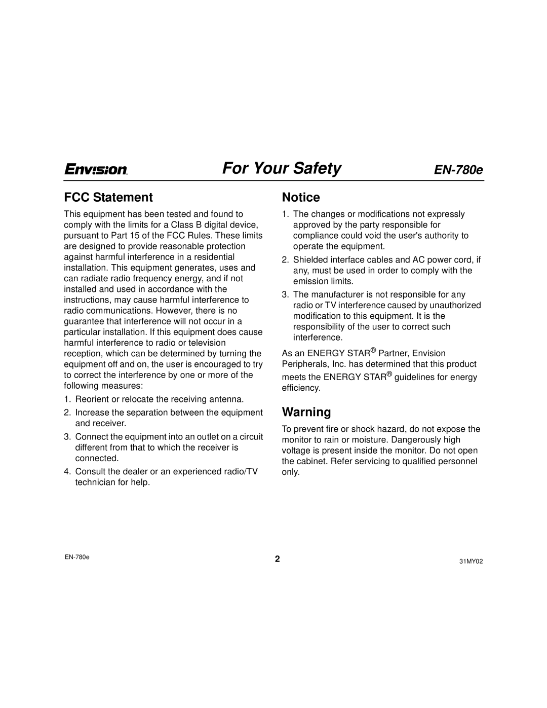 Envision Peripherals EN-780e_31MY02, EN-780e 17 user manual For Your Safety, FCC Statement 