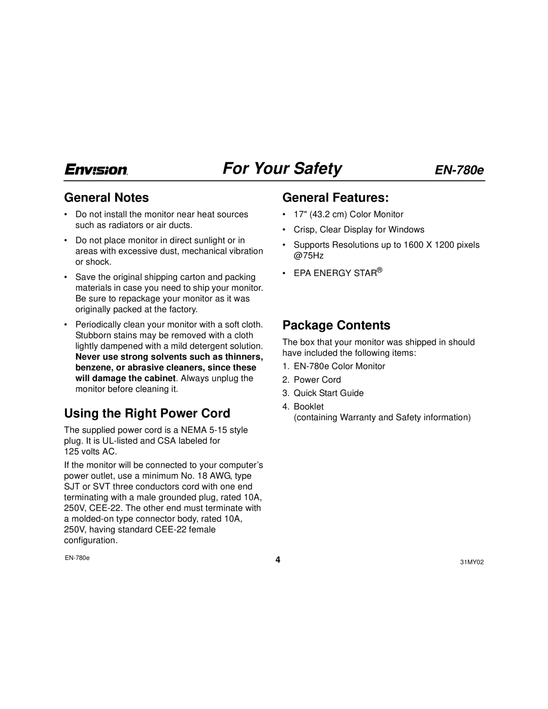 Envision Peripherals EN-780e 17, 31MY02 General Notes, Using the Right Power Cord, General Features, Package Contents 