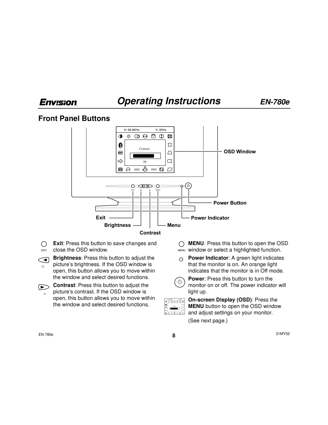 Envision Peripherals EN-780e 17, EN-780e_31MY02 user manual Operating Instructions, Front Panel Buttons 