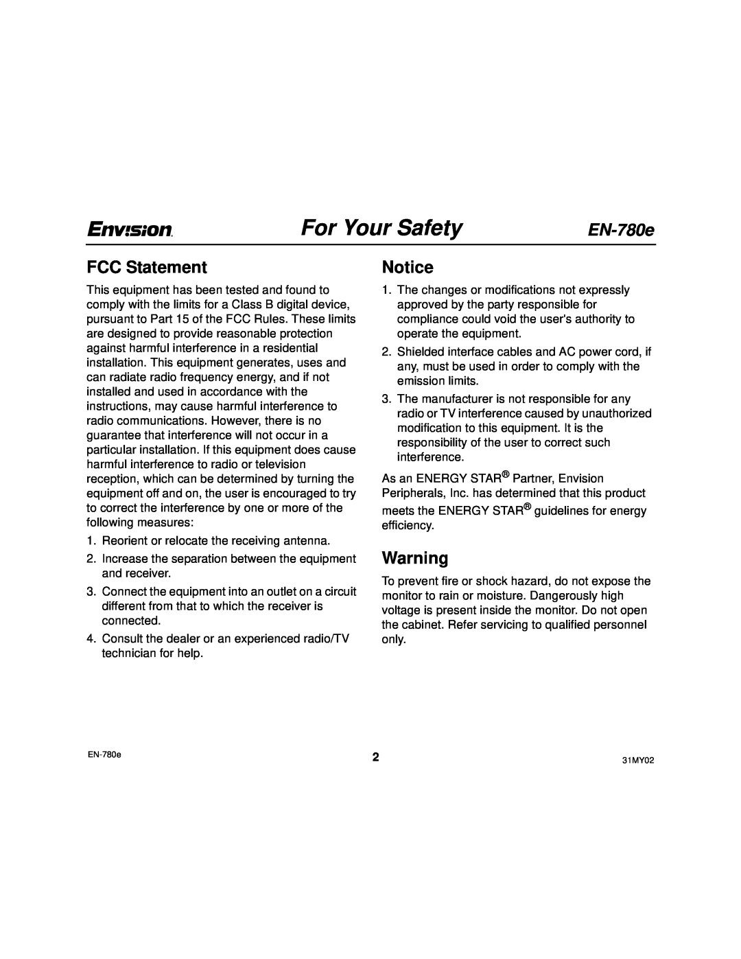 Envision Peripherals EN-780e_31MY02, EN-780e 17 user manual For Your Safety, FCC Statement 