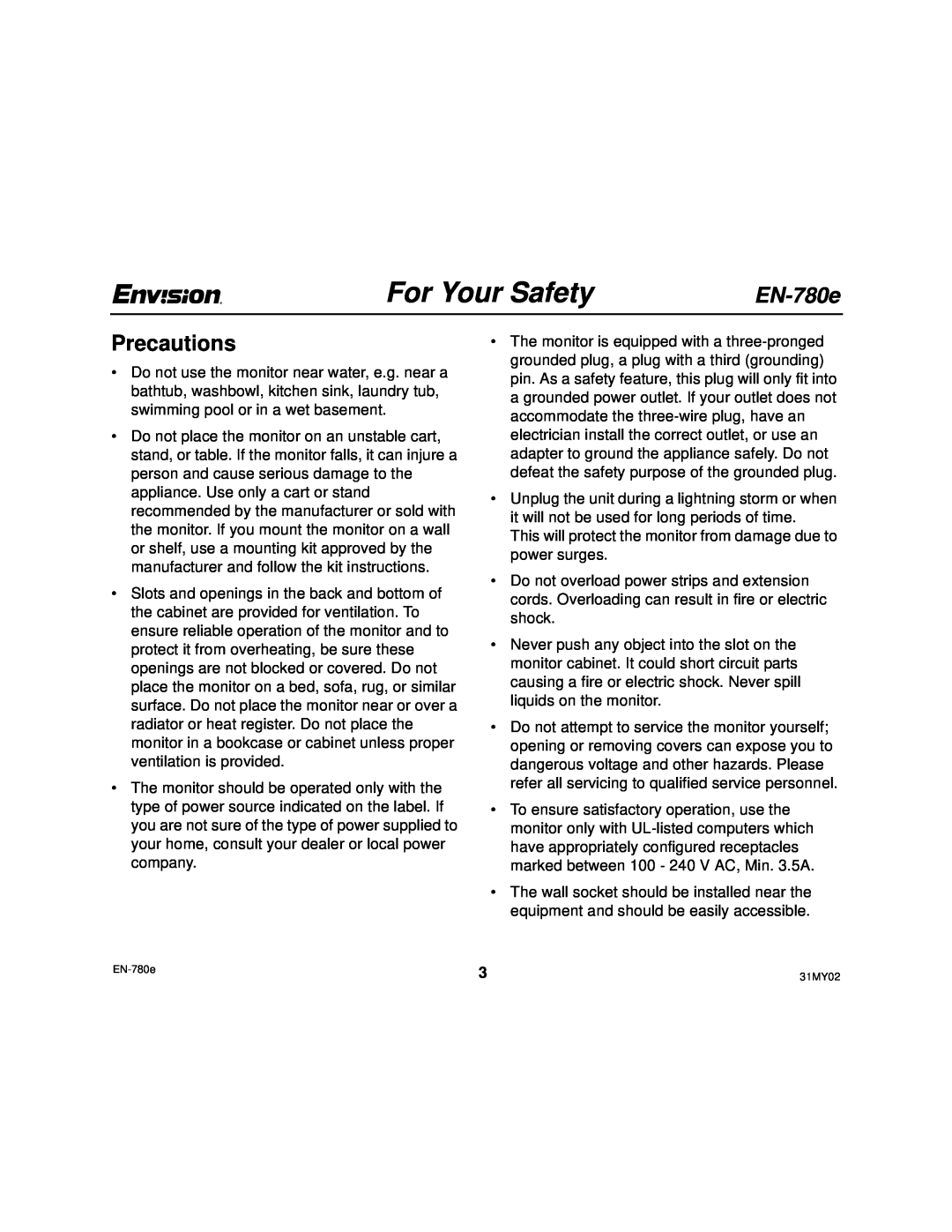Envision Peripherals EN-780e user manual Precautions, For Your Safety 