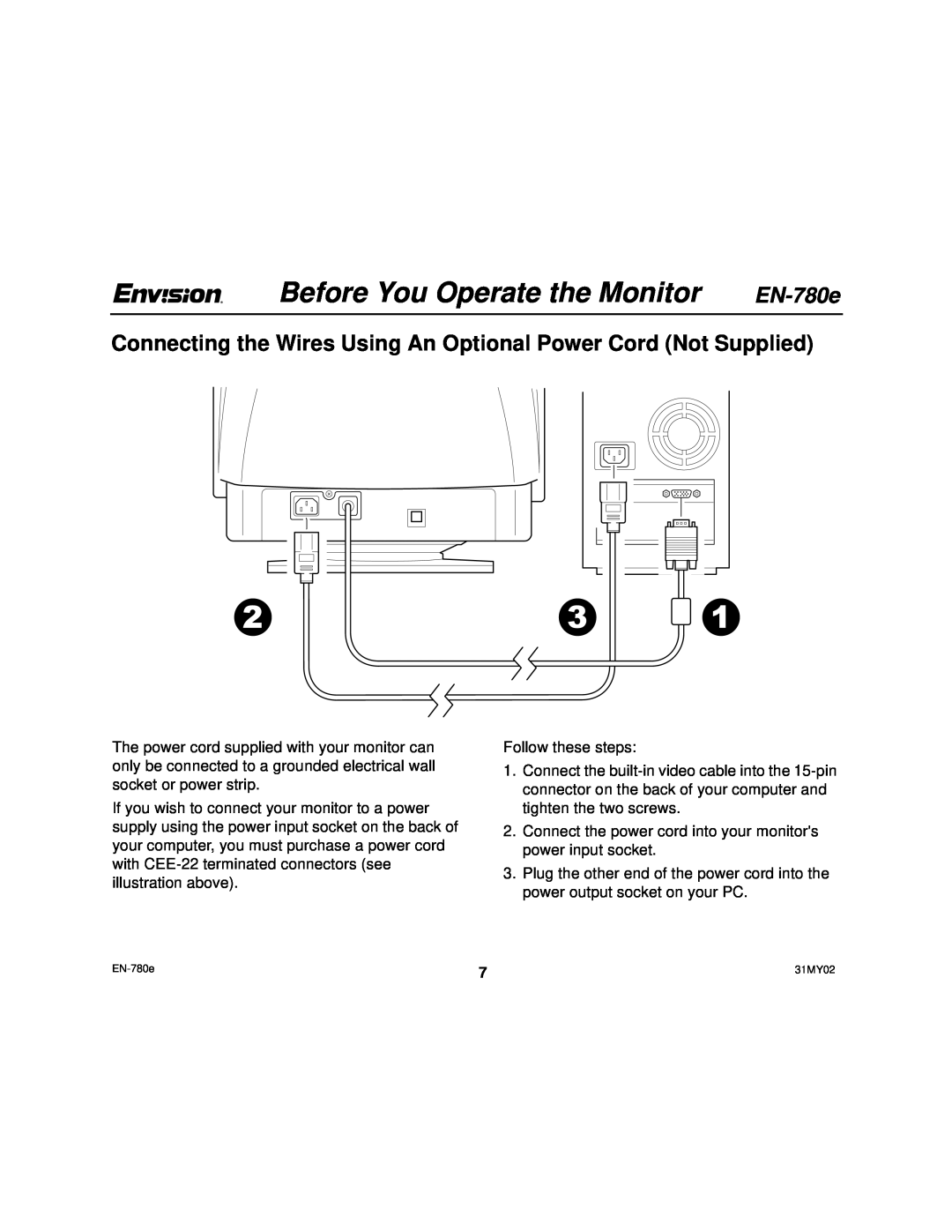 Envision Peripherals EN-780e user manual Connecting the Wires Using An Optional Power Cord Not Supplied 