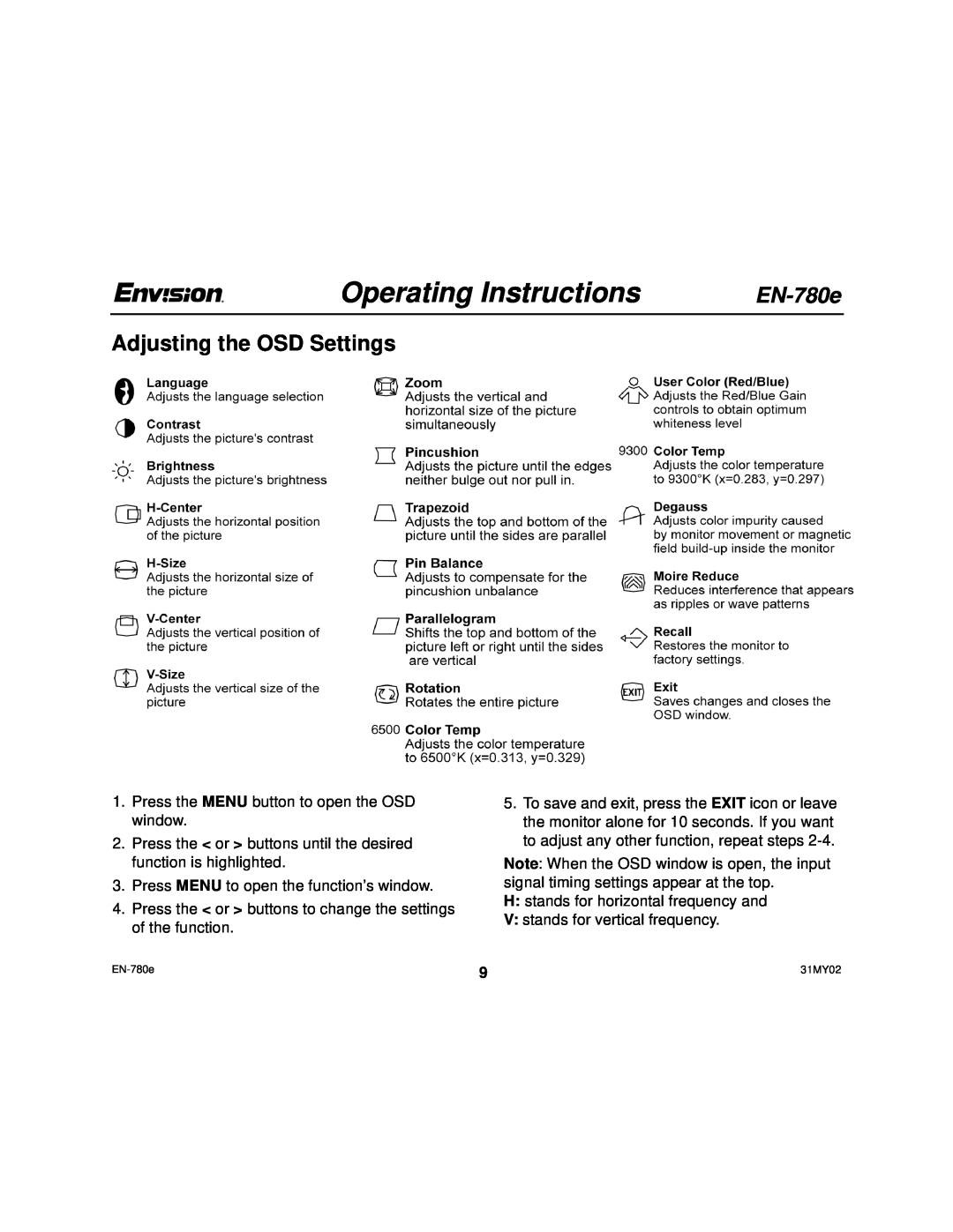 Envision Peripherals EN-780e user manual Adjusting the OSD Settings, Operating Instructions 