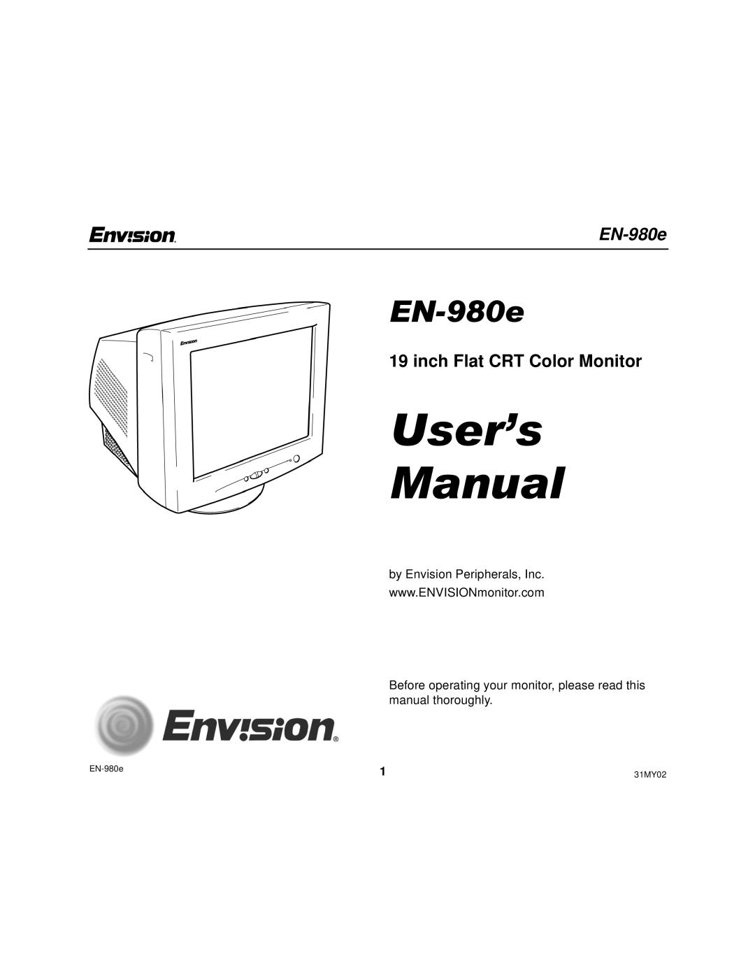 Envision Peripherals EN-980E user manual User’s Manual, Inch Flat CRT Color Monitor 