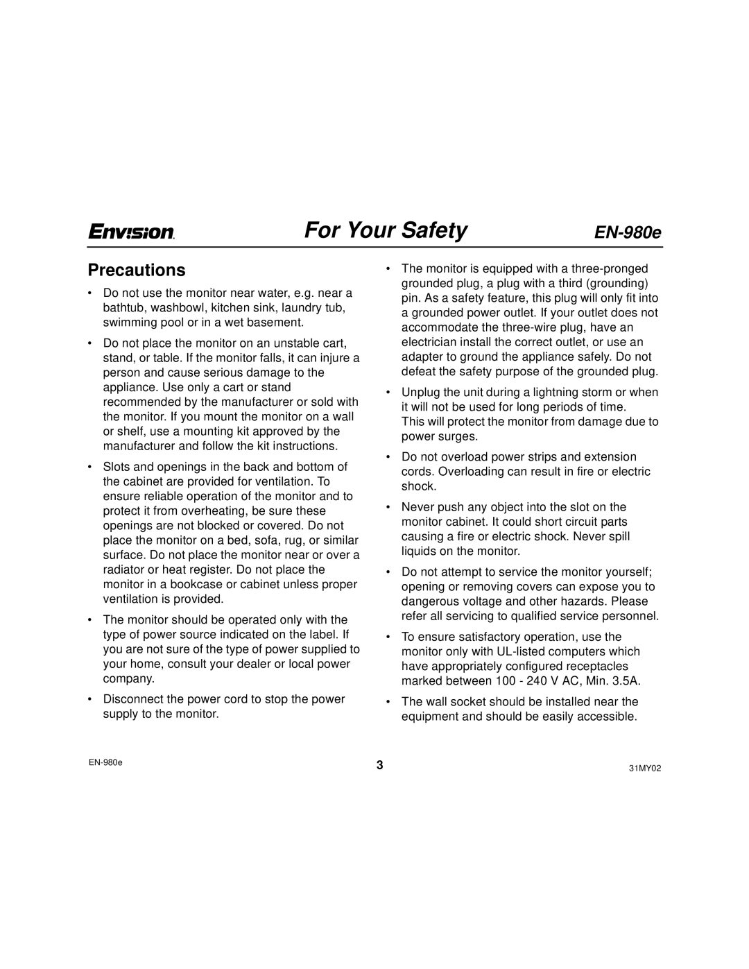 Envision Peripherals EN-980E user manual Precautions 