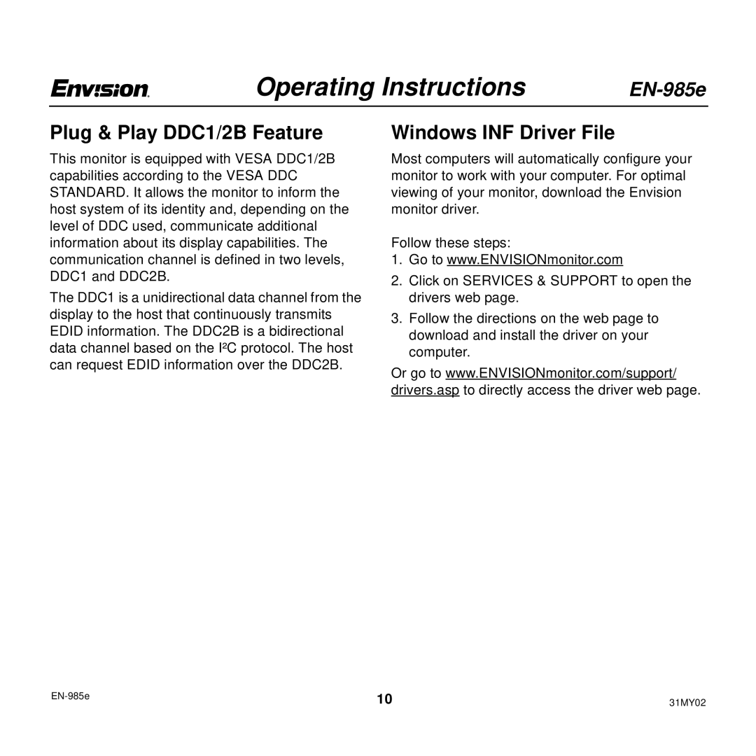 Envision Peripherals EN-985E user manual Plug & Play DDC1/2B Feature, Windows INF Driver File 