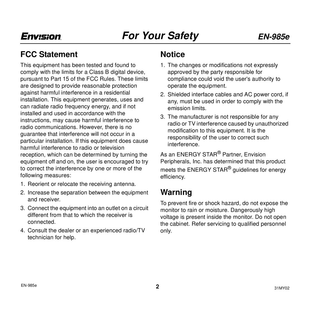 Envision Peripherals EN-985E user manual For Your Safety, FCC Statement 