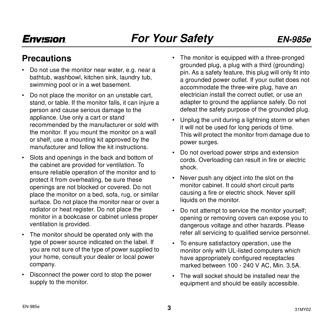 Envision Peripherals EN-985E user manual Precautions 