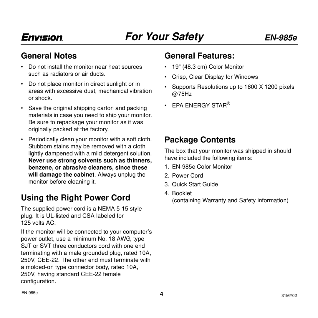 Envision Peripherals EN-985E user manual General Notes, Using the Right Power Cord, General Features, Package Contents 