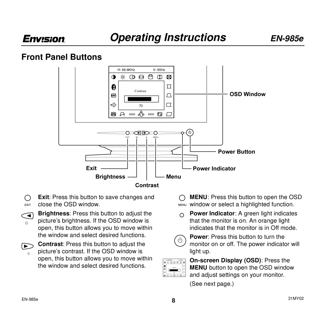 Envision Peripherals EN-985E user manual Operating Instructions, Front Panel Buttons 