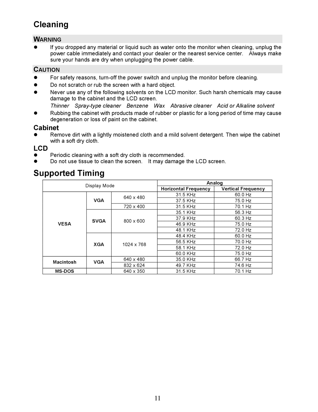 Envision Peripherals EN5400 user manual Cleaning, Supported Timing, Cabinet, Lcd 