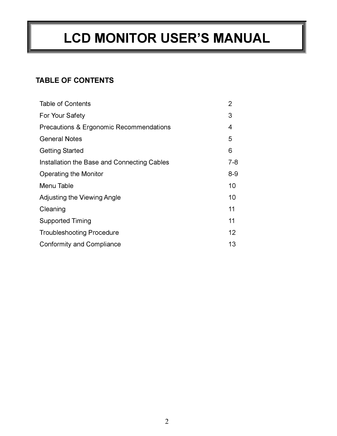 Envision Peripherals EN5400 user manual LCD Monitor USER’S Manual, Table of Contents 