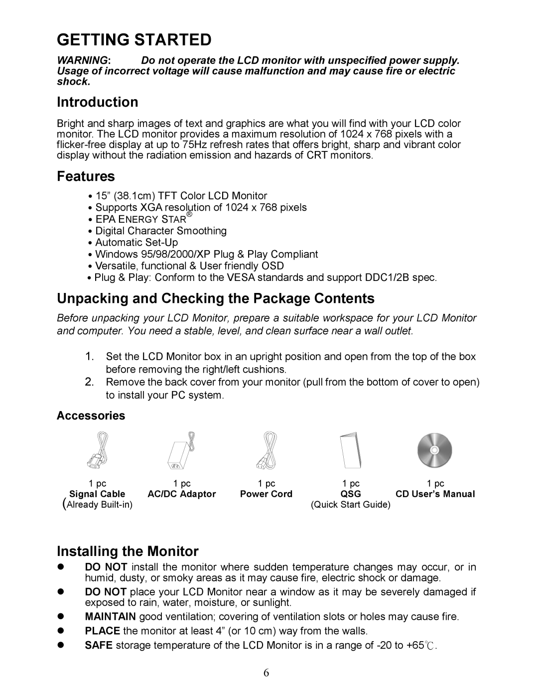 Envision Peripherals EN5400 Getting Started, Introduction, Features, Unpacking and Checking the Package Contents 