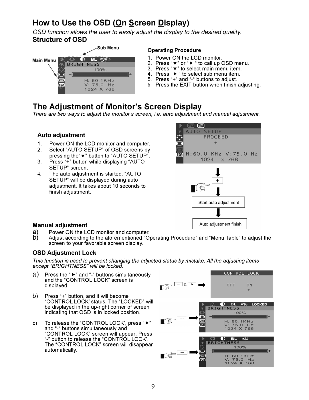 Envision Peripherals EN5400 How to Use the OSD On Screen Display, Adjustment of Monitor’s Screen Display, Structure of OSD 