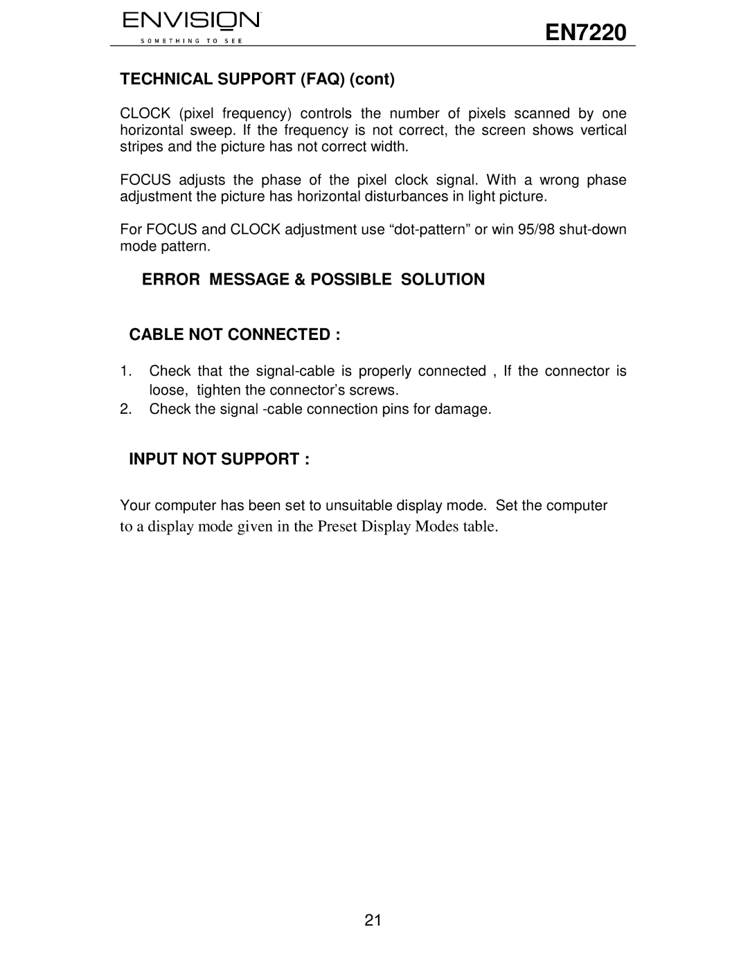 Envision Peripherals EN7220 user manual Technical Support FAQ, Error Message & Possible Solution Cable not Connected 