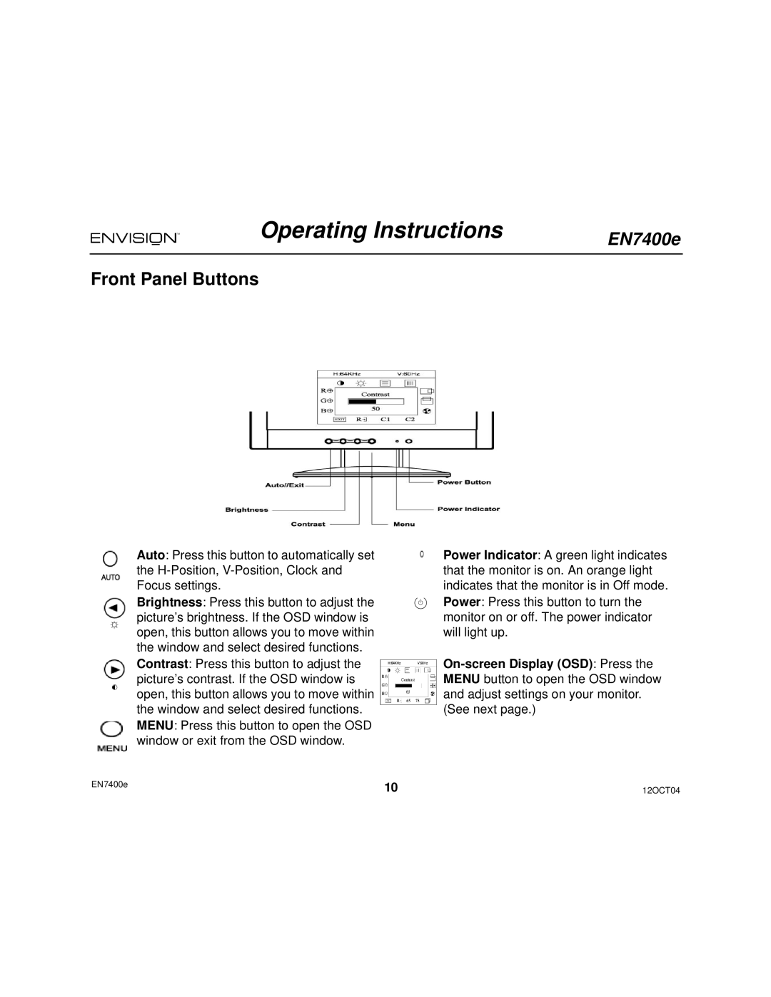 Envision Peripherals EN7400e user manual Operating Instructions, Front Panel Buttons 