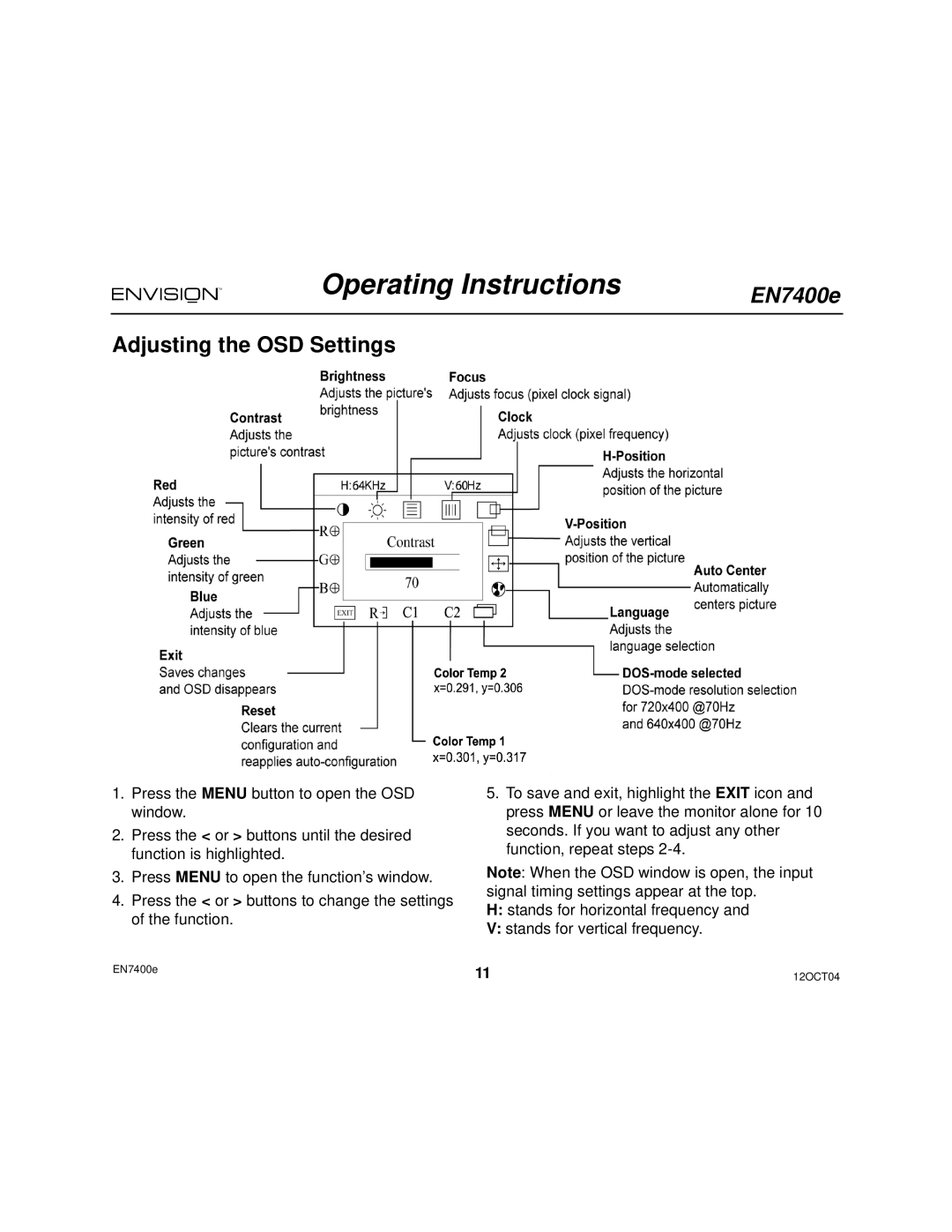 Envision Peripherals EN7400e user manual Adjusting the OSD Settings 