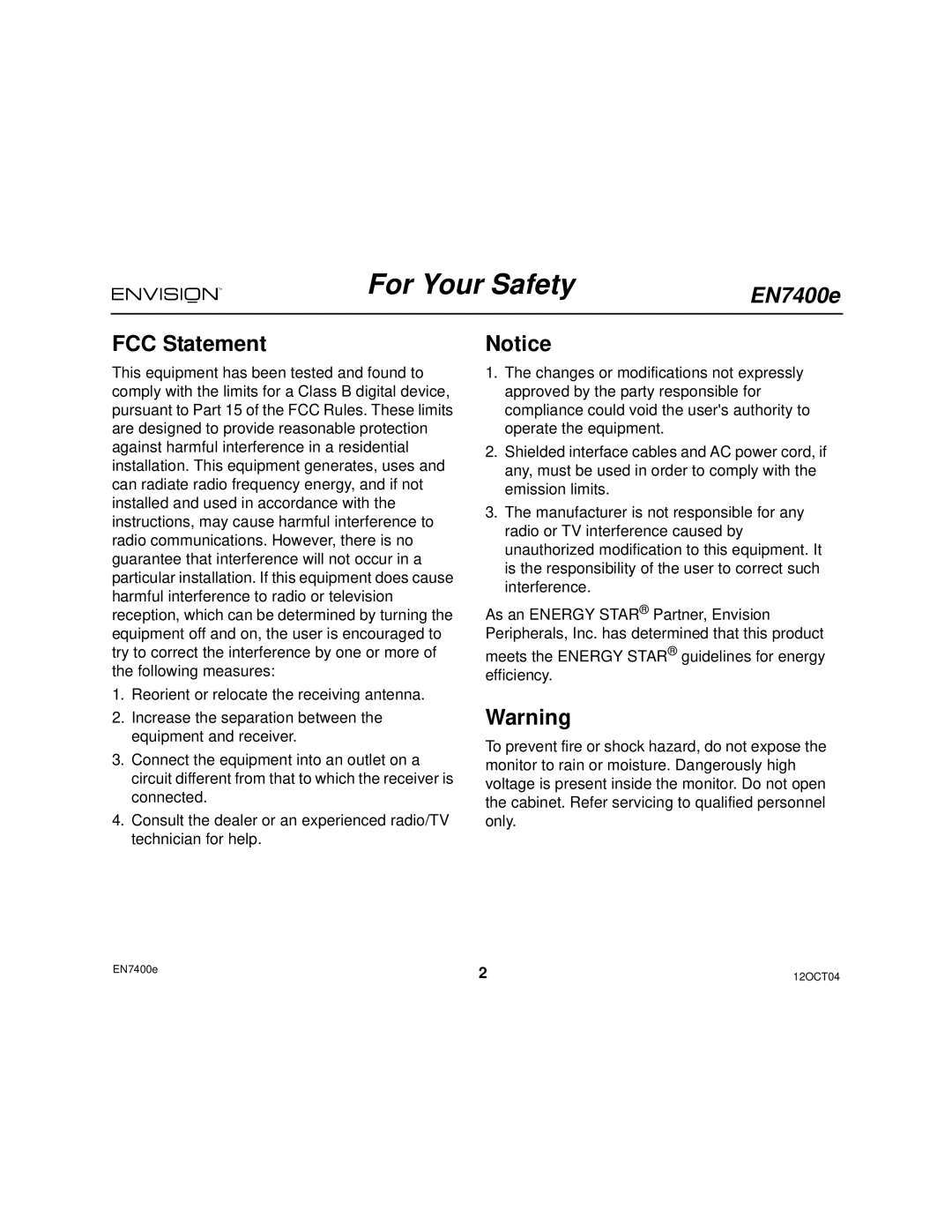 Envision Peripherals EN7400e user manual For Your Safety, FCC Statement 