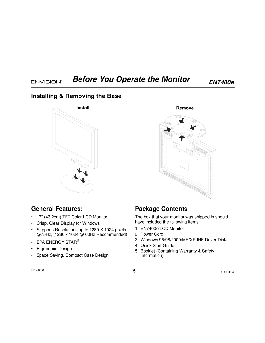 Envision Peripherals EN7400e user manual Before You Operate the Monitor, Installing & Removing the Base General Features 