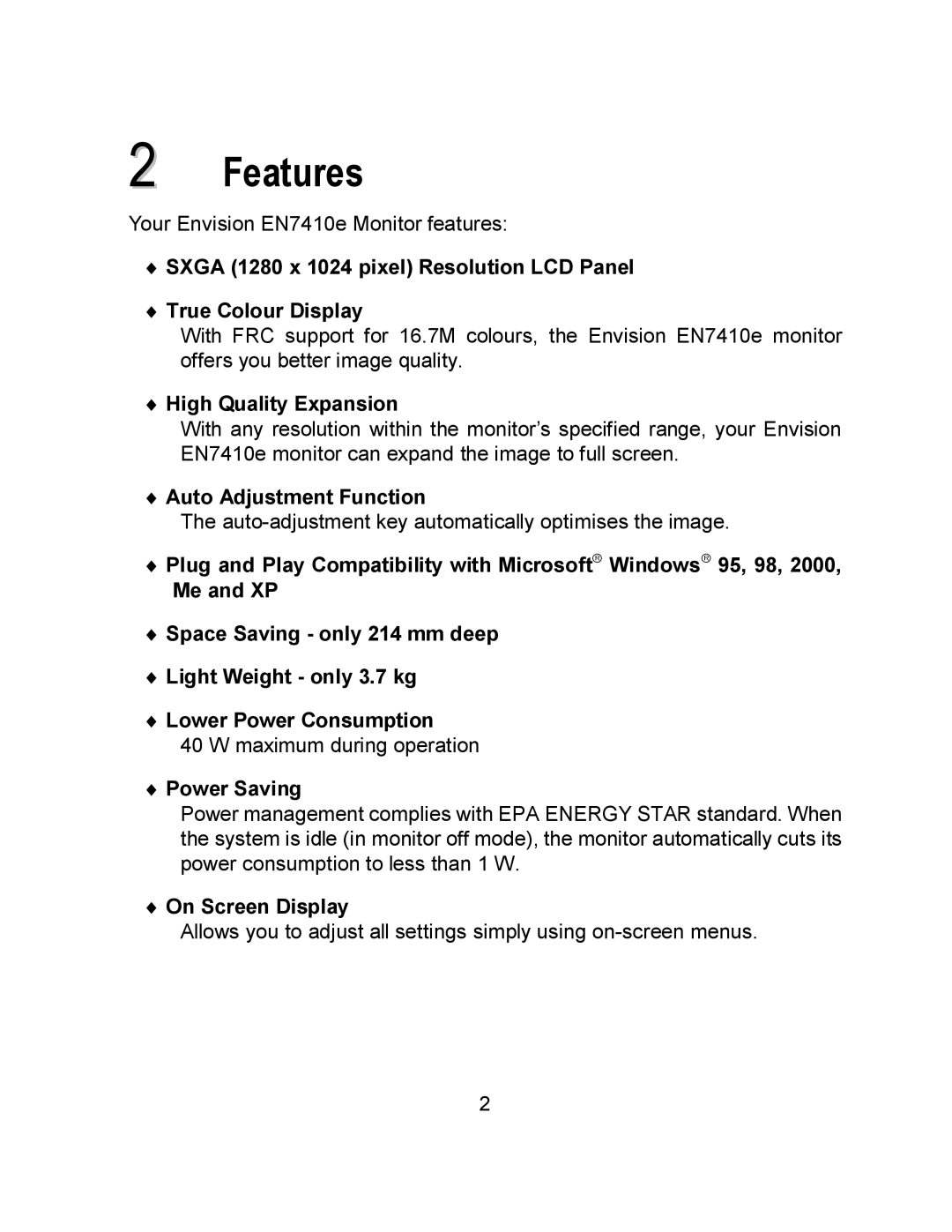 Envision Peripherals EN7410e user manual Features, Me and XP 