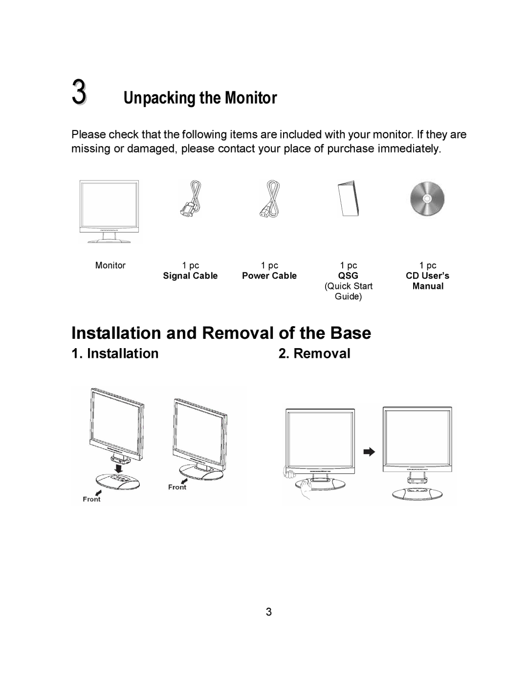 Envision Peripherals EN7410e user manual Unpacking the Monitor, Installation and Removal of the Base 