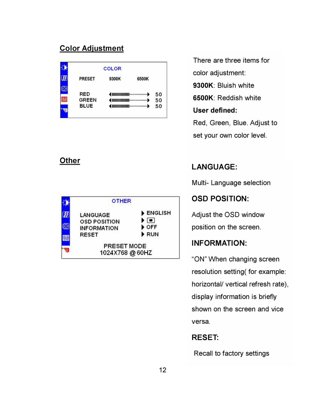 Envision Peripherals EN7410e user manual Multi- Language selection, Recall to factory settings 