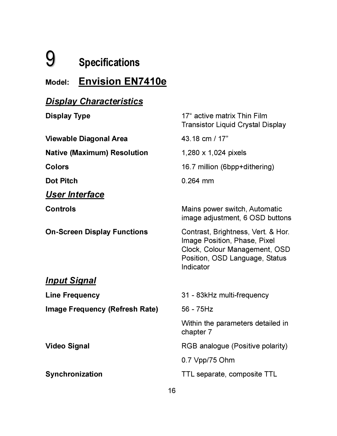 Envision Peripherals EN7410e user manual Specifications 