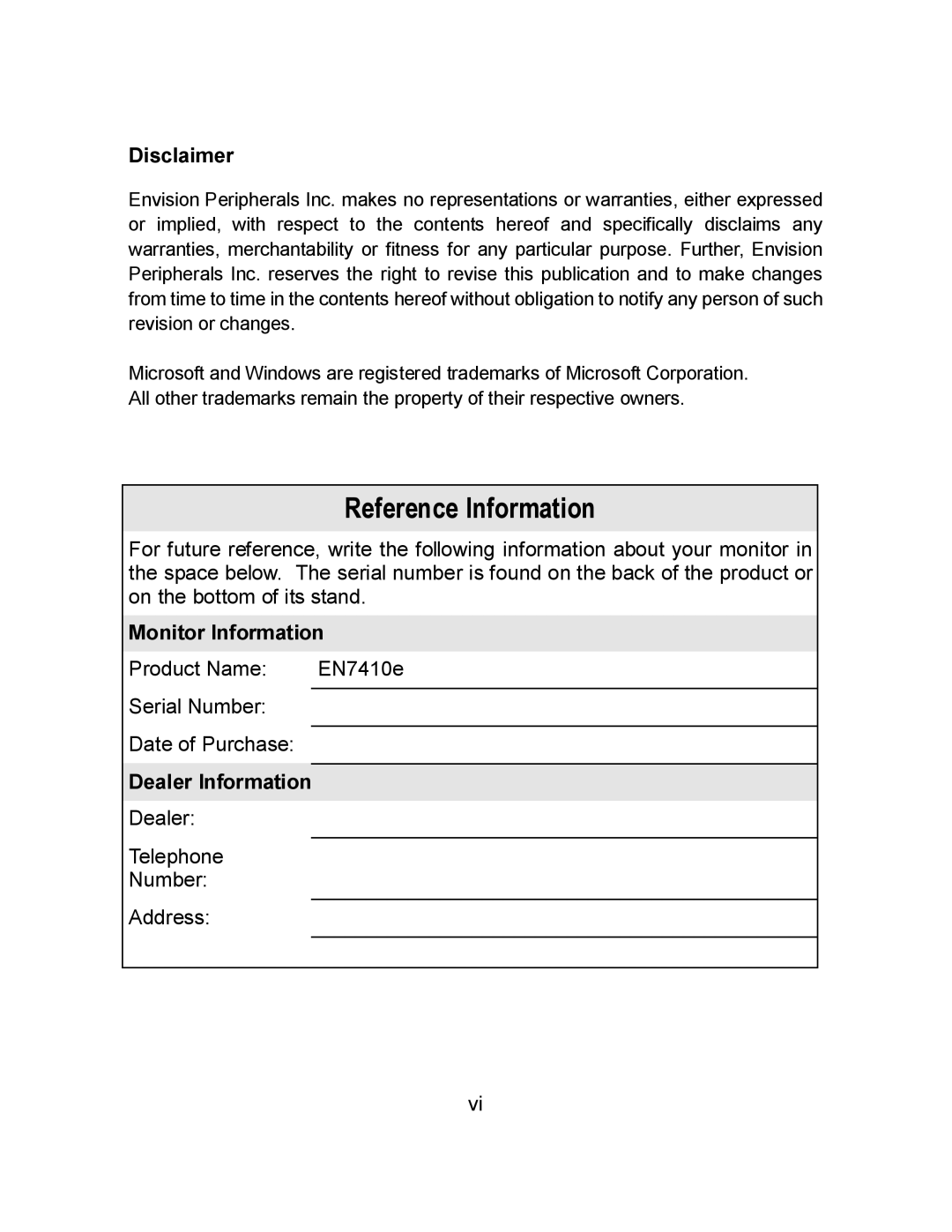 Envision Peripherals EN7410e user manual Reference Information, Disclaimer 