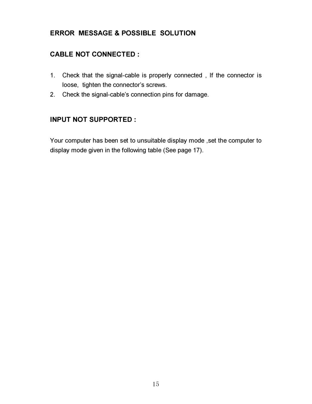 Envision Peripherals EN7600 manual Error Message & Possible Solution Cable not Connected, Input not Supported 