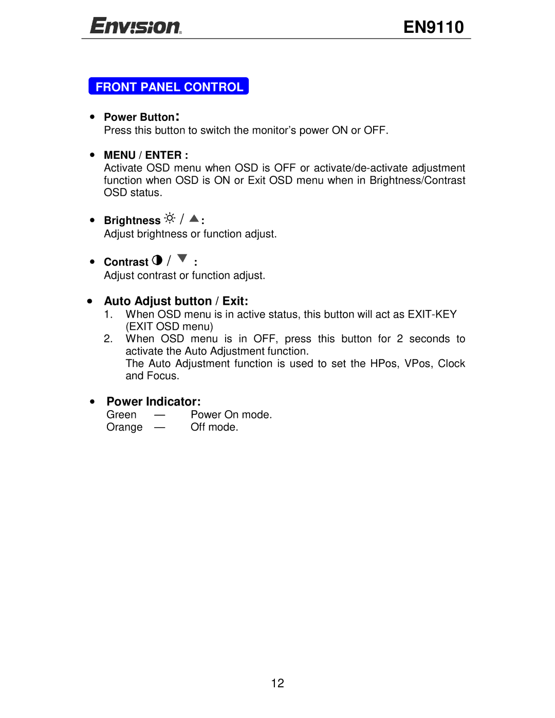 Envision Peripherals EN9110 user manual Front Panel Control, Auto Adjust button / Exit, Power Indicator 