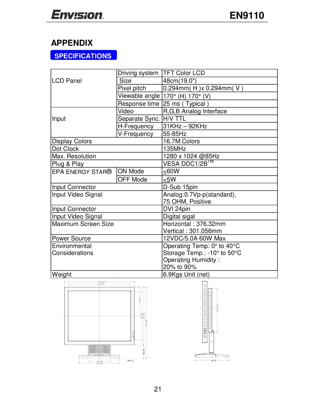 Envision Peripherals EN9110 user manual Appendix, Specifications 