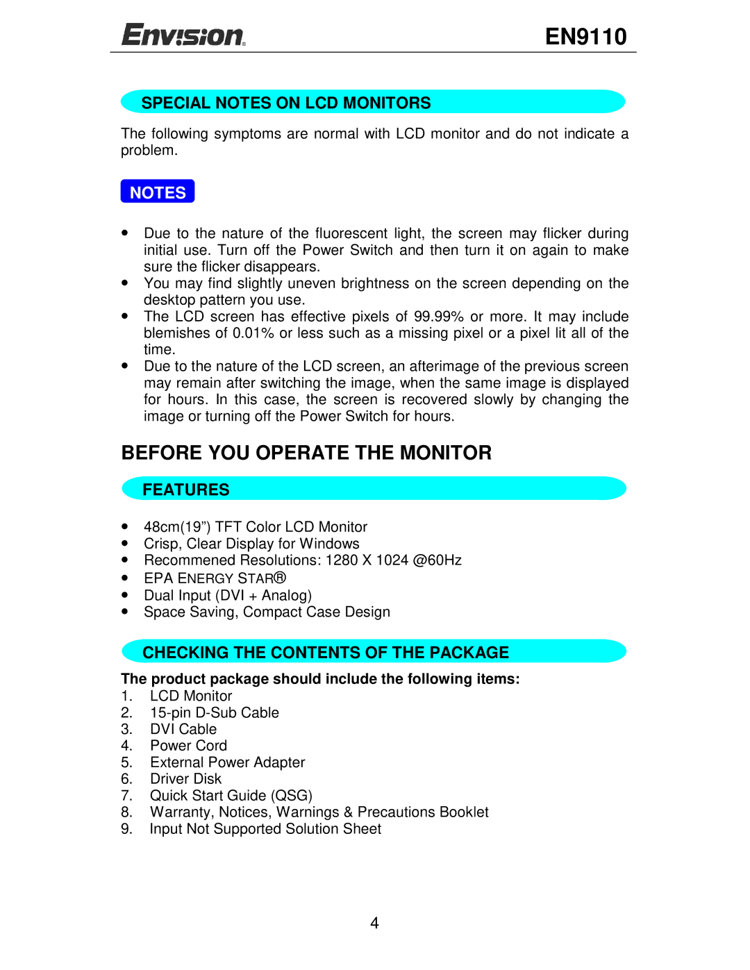 Envision Peripherals EN9110 user manual Special Notes on LCD Monitors, Features, Checking the Contents of the Package 