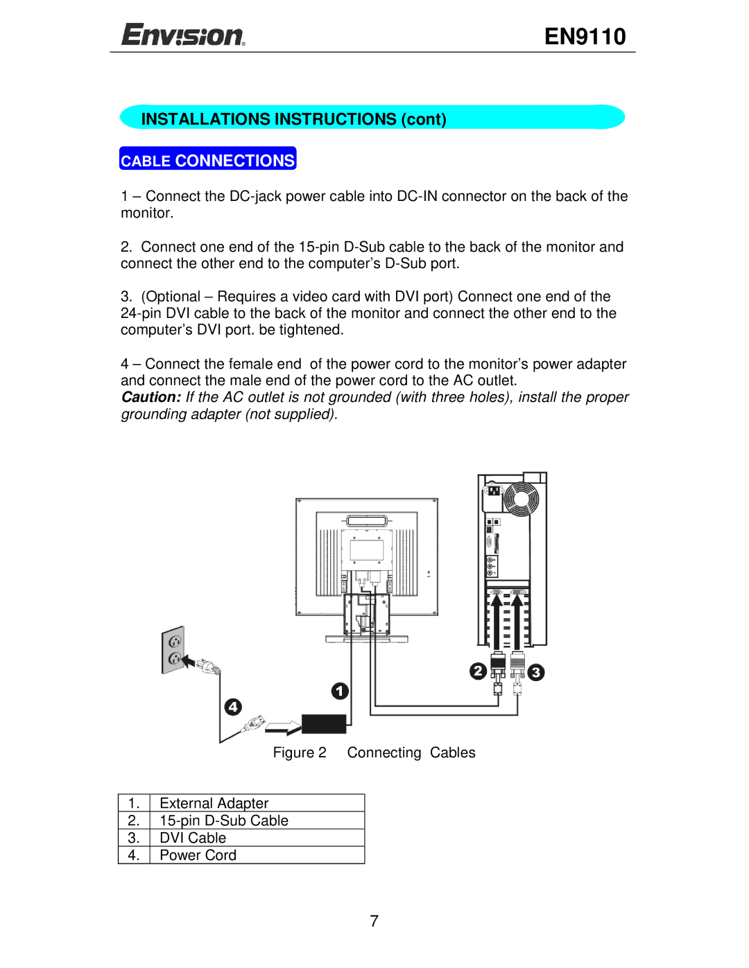 Envision Peripherals EN9110 user manual Cable Connections 