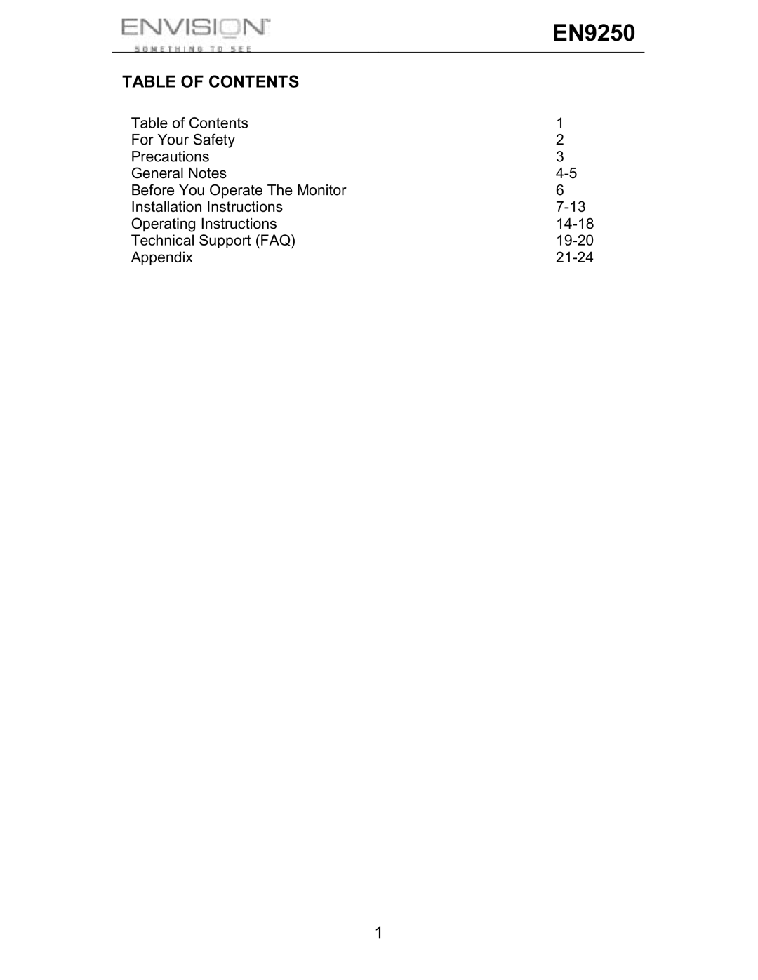 Envision Peripherals EN9250 user manual Table of Contents 