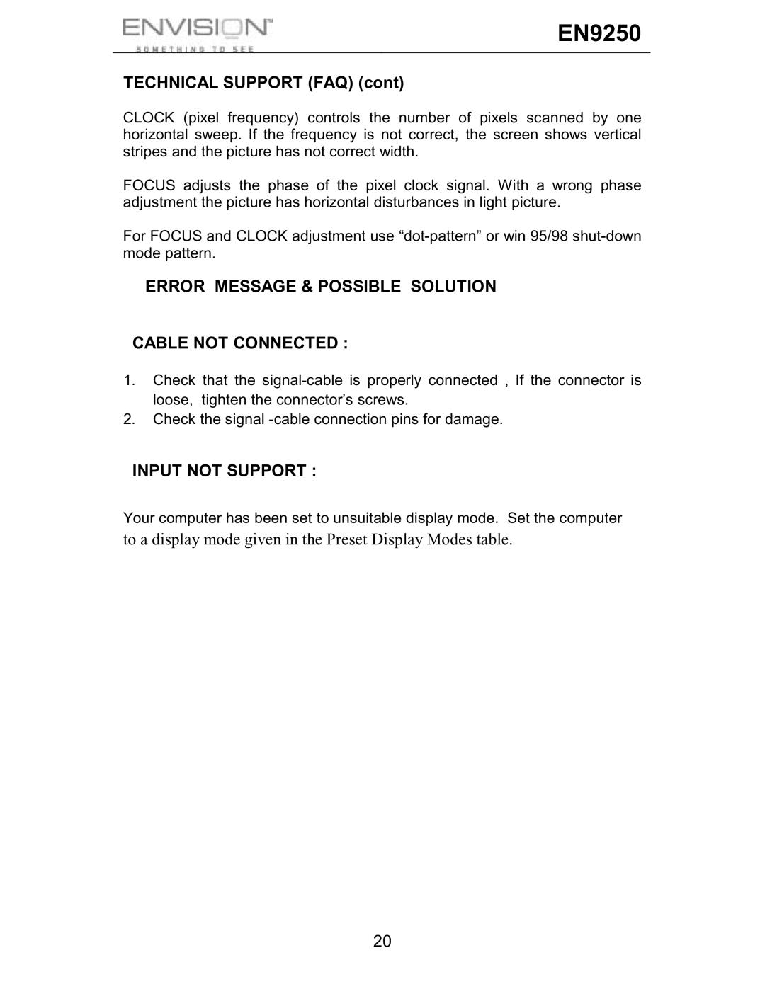 Envision Peripherals EN9250 user manual Technical Support FAQ, Error Message & Possible Solution Cable not Connected 
