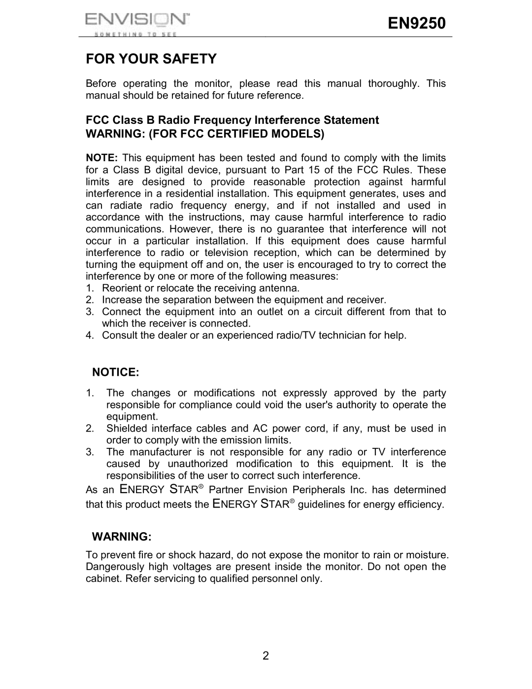 Envision Peripherals EN9250 user manual For Your Safety, FCC Class B Radio Frequency Interference Statement 