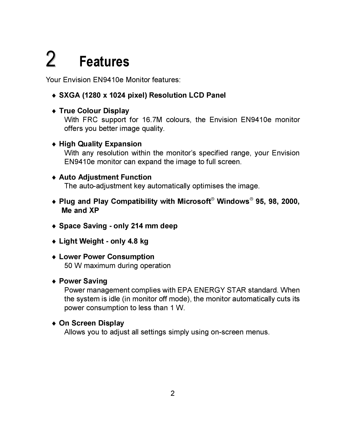 Envision Peripherals EN9410e user manual Features, Me and XP 