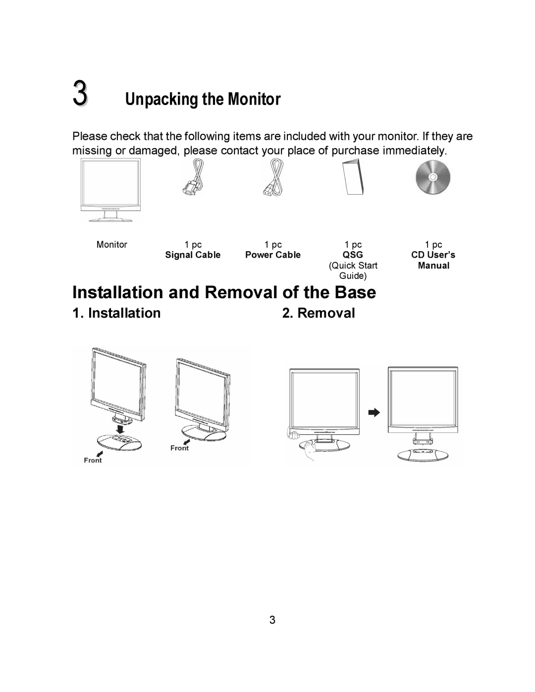 Envision Peripherals EN9410e user manual Unpacking the Monitor, Installation and Removal of the Base 