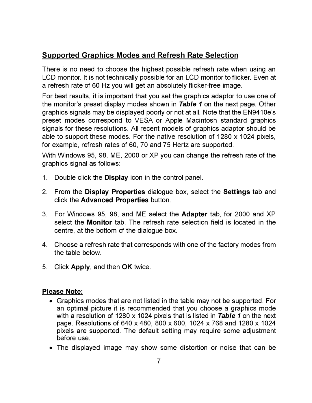 Envision Peripherals EN9410e user manual Supported Graphics Modes and Refresh Rate Selection 