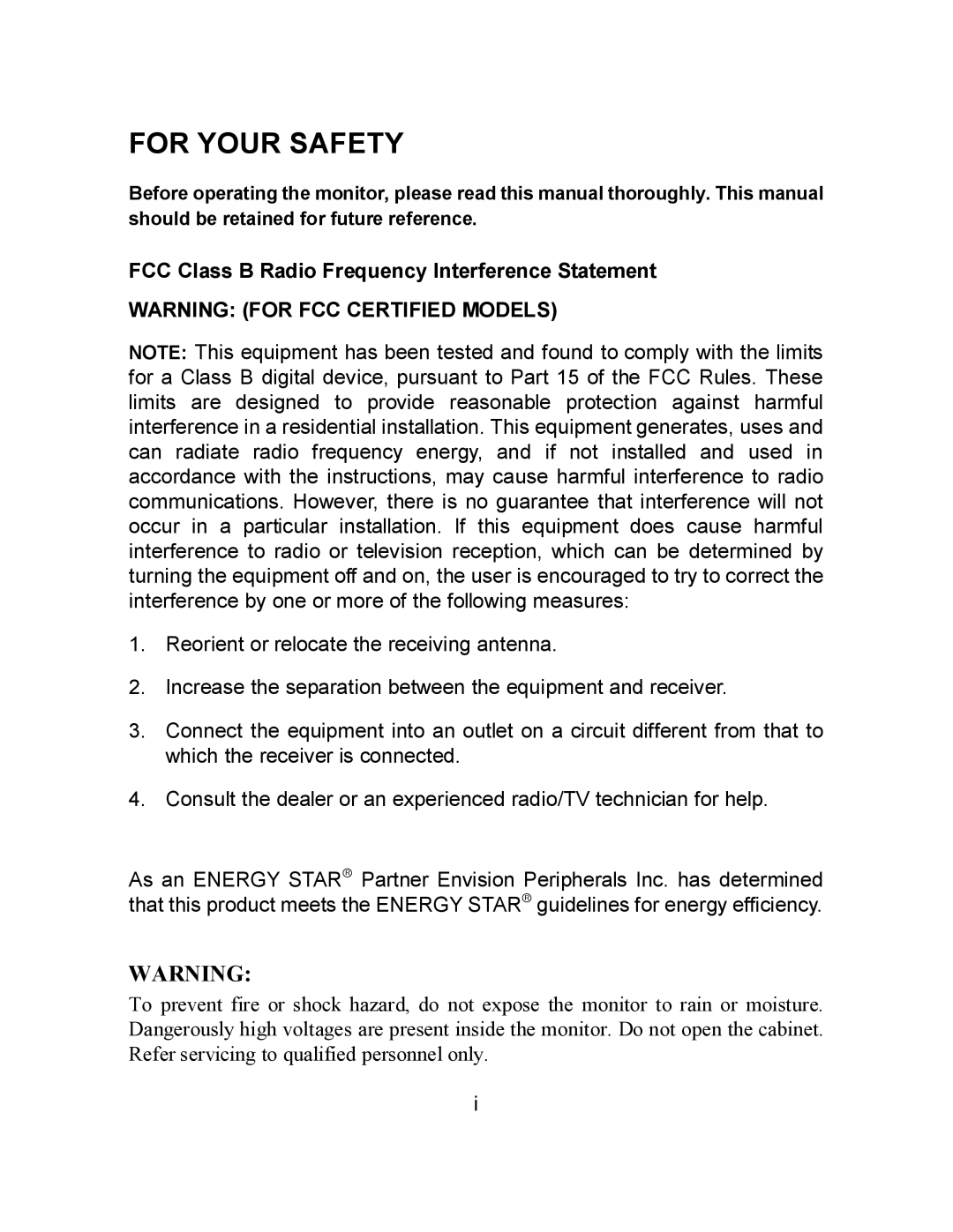 Envision Peripherals EN9410e user manual For Your Safety 