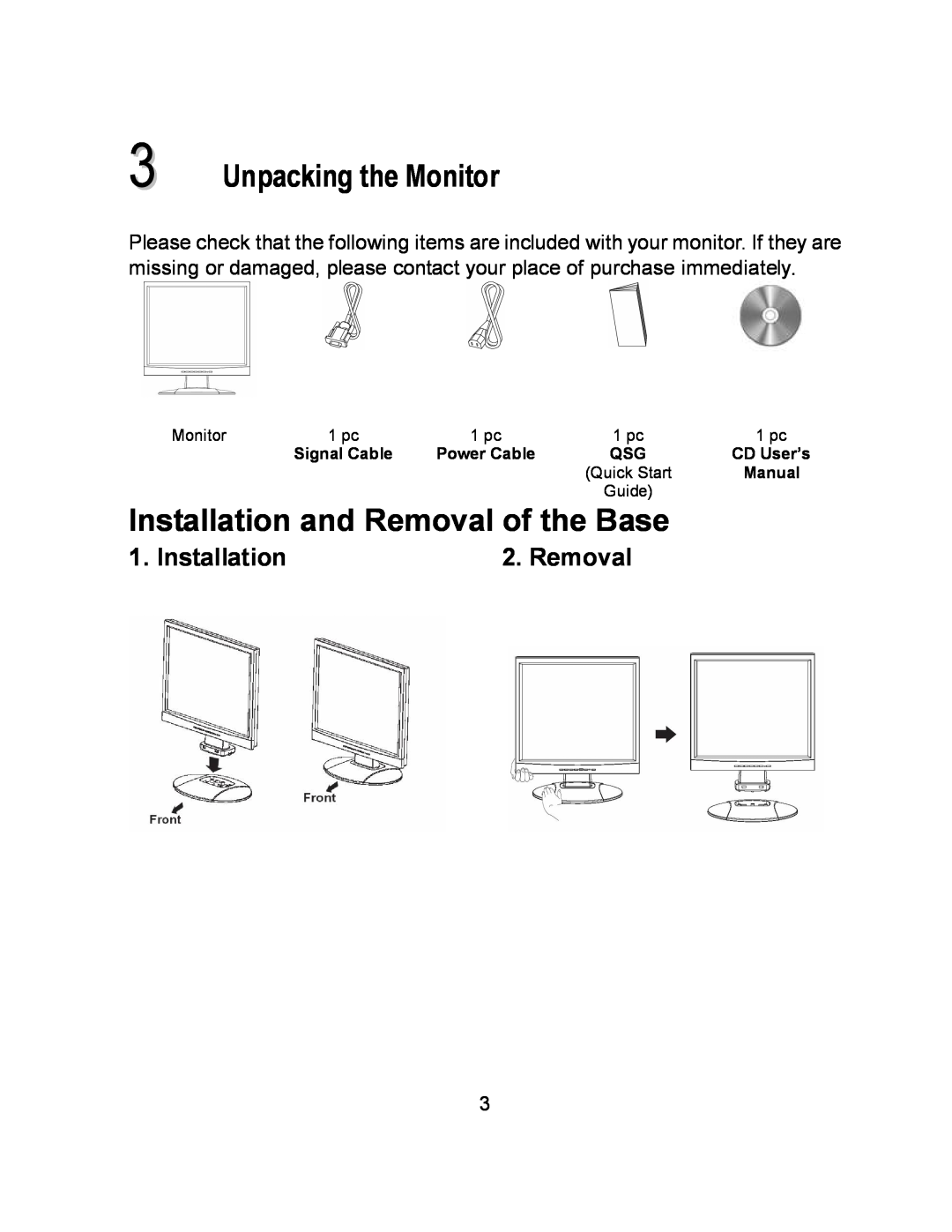 Envision Peripherals EN9410e user manual Unpacking the Monitor, Installation and Removal of the Base 
