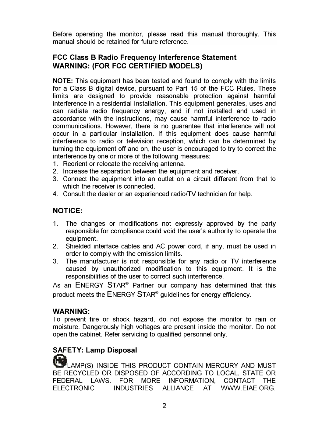 Envision Peripherals EN9600 manual FCC Class B Radio Frequency Interference Statement, Safety Lamp Disposal, Industries 