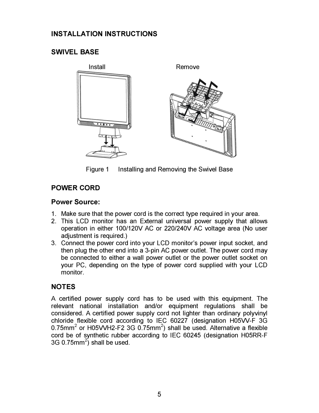 Envision Peripherals EN9600 manual Installation Instructions Swivel Base, Power Cord, Power Source 