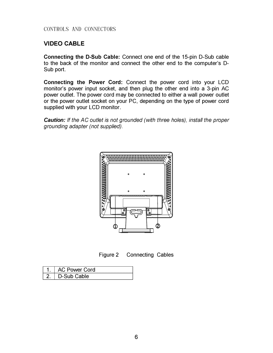 Envision Peripherals EN9600 manual Controls and Connectors Video Cable, Connecting Cables AC Power Cord Sub Cable 