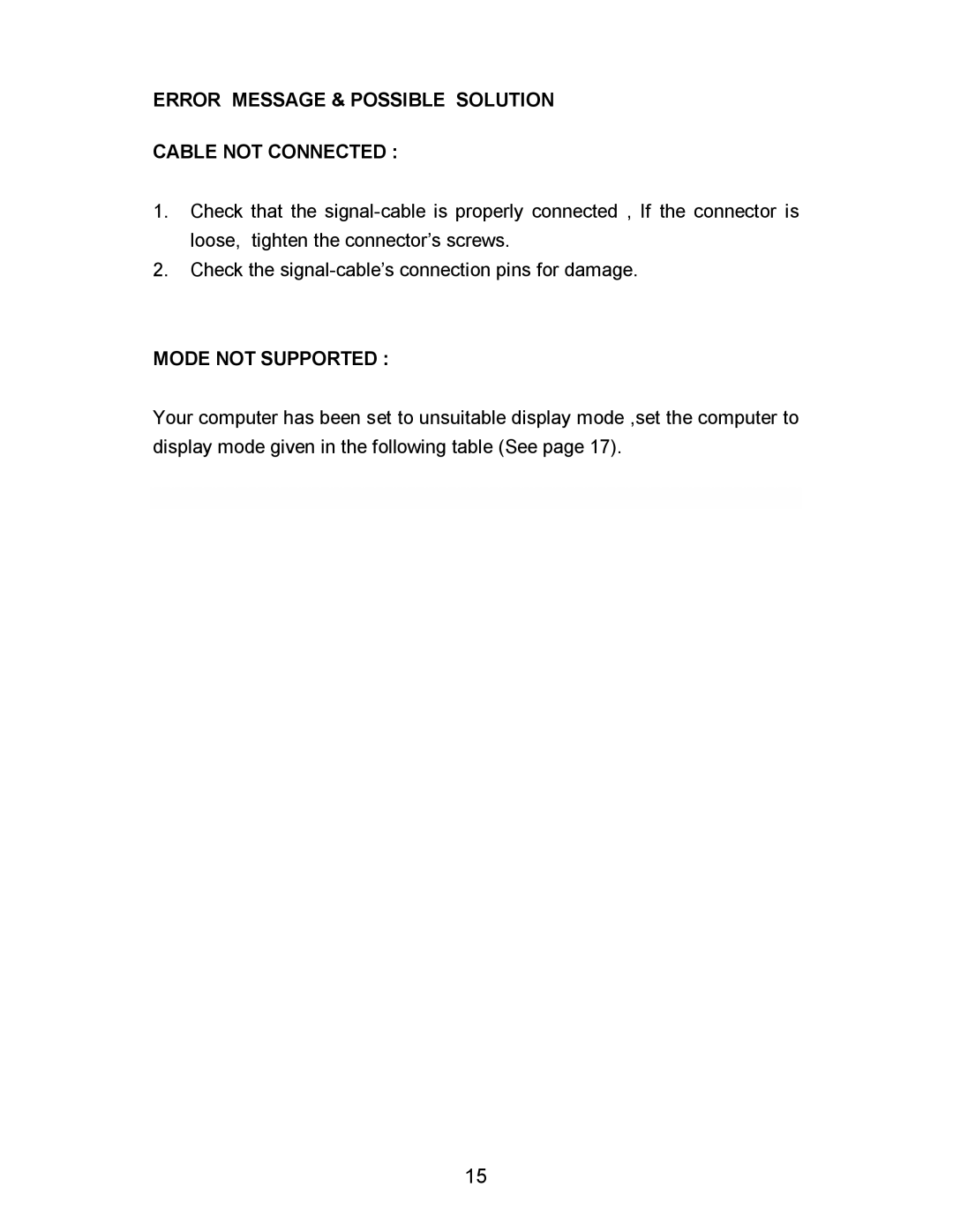 Envision Peripherals G2016wa manual Error Message & Possible Solution Cable not Connected, Mode not Supported 