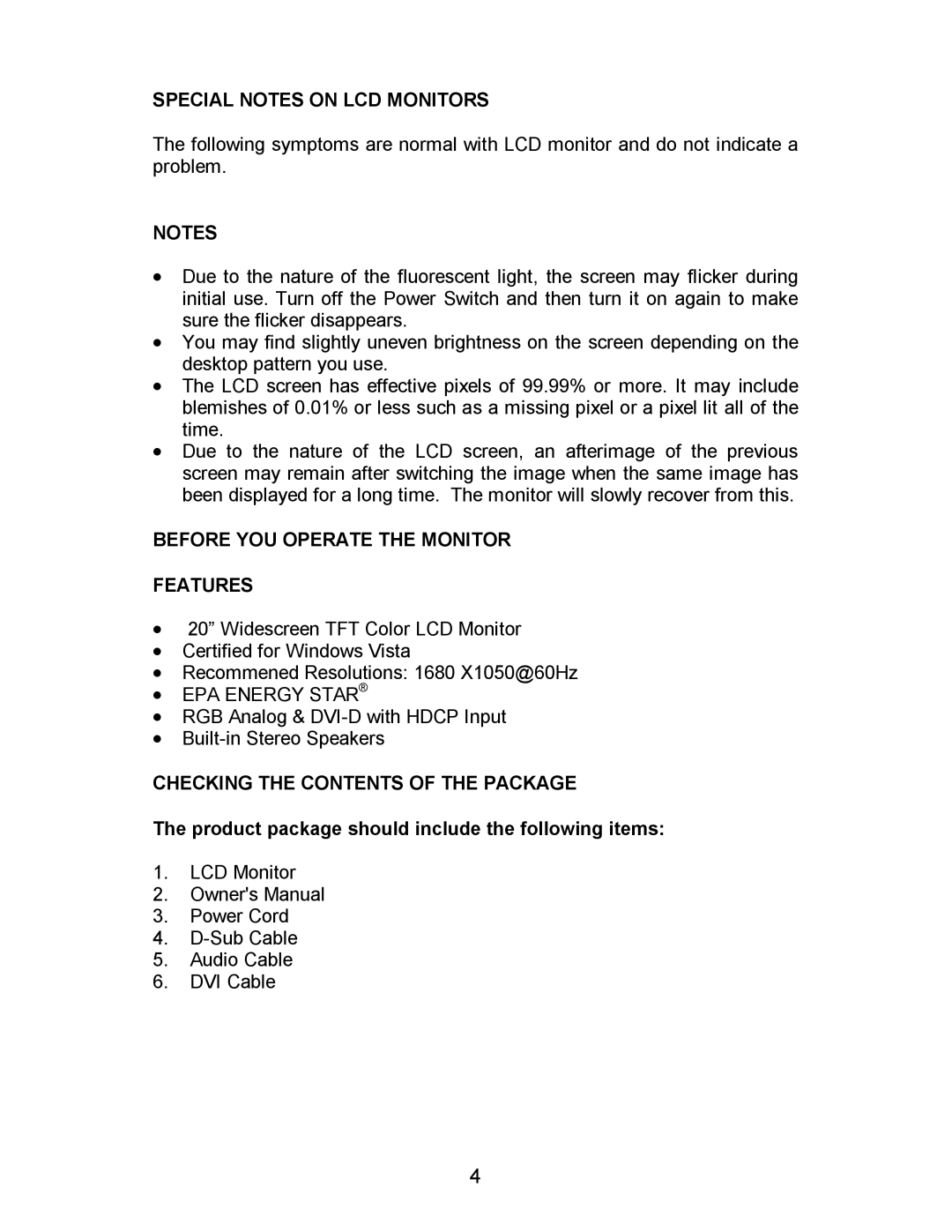 Envision Peripherals G2016wa manual Special Notes on LCD Monitors, Before YOU Operate the Monitor Features 